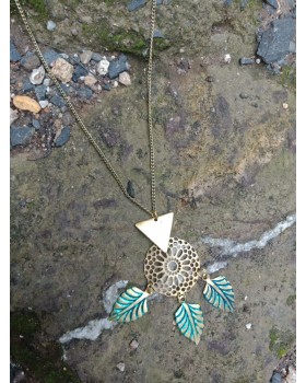Alphabey's Geometry Pendant with Brass Leaf, Triangle and Net Flowered Pendant Necklace Alphabey's Geometry Pendant with Brass Leaf, Triangle and Net Flowered Pendant Necklace